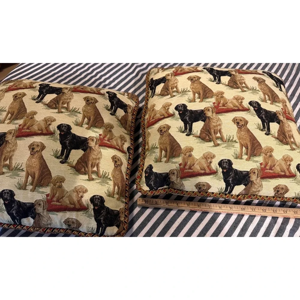 Set of 2 Vintage Labrador Retriever Woven Tapestry Throw Pillows Dog Print 17x17